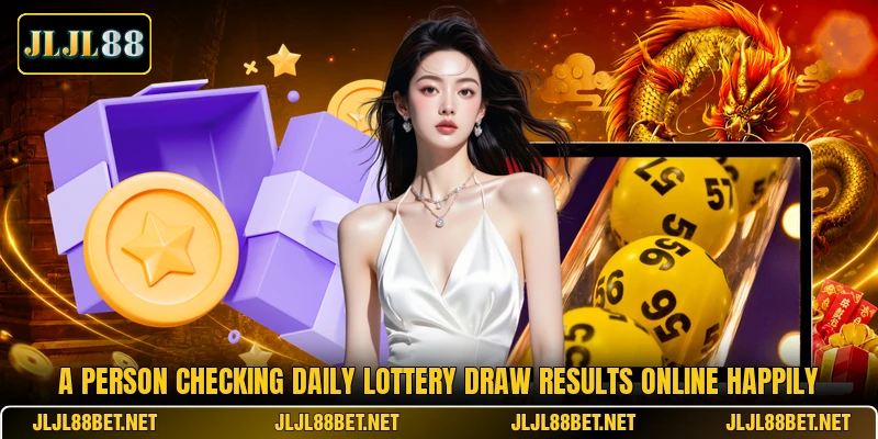 A person checking daily lottery draw results online happily A person checking daily lottery draw results online happily