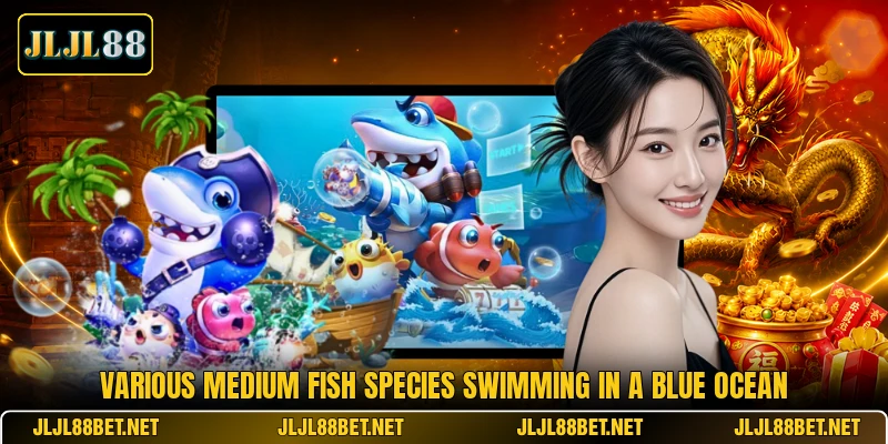 Various medium fish species swimming in a blue ocean Various medium fish species swimming in a blue ocean